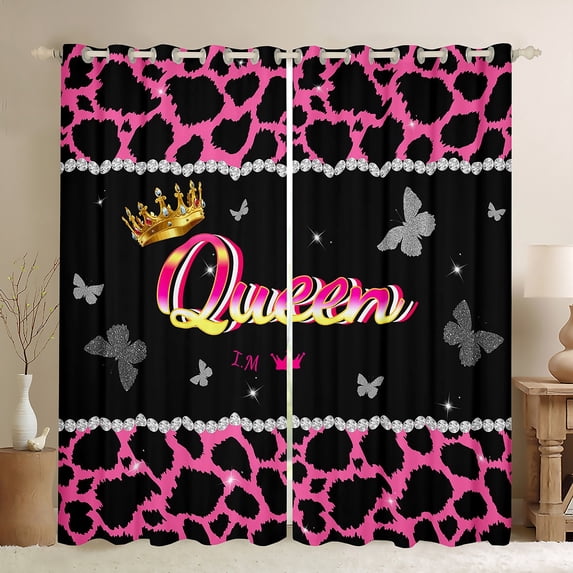 Castle Fairy Teens Queen Crown Blackout Curtains Set of 2 (52x84 Each),Bling Butterflies Cheetah Print Window Curtains,Black Pink Curtains and Drapes,Breathable Home Decor