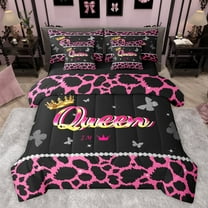 Castle Fairy Teens Queen Crown Twin Bedding Sets 7-Piece,Bling Butterflies Cheetah Print Bedding Comforter Set Microfiber,Black Pink Breathable Sheet Sets,Breathable Home Decor,Reversible