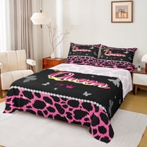 Castle Fairy Teens Queen Crown Twin Sheet Sets 3pcs,Bling Butterflies Cheetah Print Twin Fitted Sheet Microfiber,Black Pink Breathable Flat Sheet,Breathable Home Decor