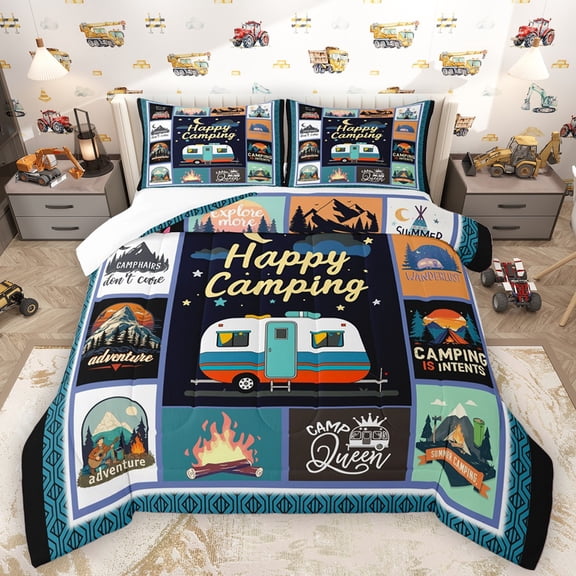 Castle Fairy Teens RV Car 3 Pieces Queen Comforter Set,Happy Camping Ultra Soft Bedding Sets,Adventure Theme Bedding Comforter Set Breathable,Ultra Soft Home Decor