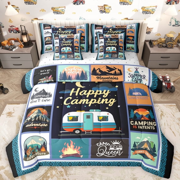 Castle Fairy Teens RV Car Bedding Comforter Set 7pcs,Happy Camping Queen Bedding Sets Super Cozy,Adventure Theme Queen Sheet Sets,Ultra Soft Home Decor,Reversible