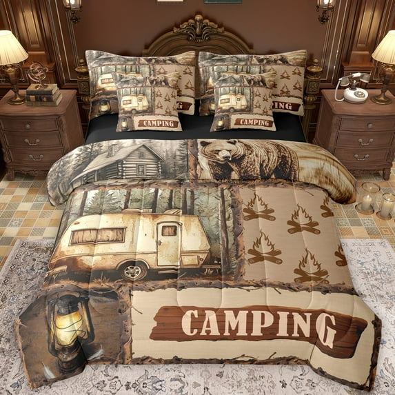 Castle Fairy Teens RV Car Twin Bedding Sets 7-Piece,Happy Camping Adventure Bedding Comforter Set Microfiber,Lodge Cabin Breathable Sheet Sets,Ultra Soft Home Decor,Reversible