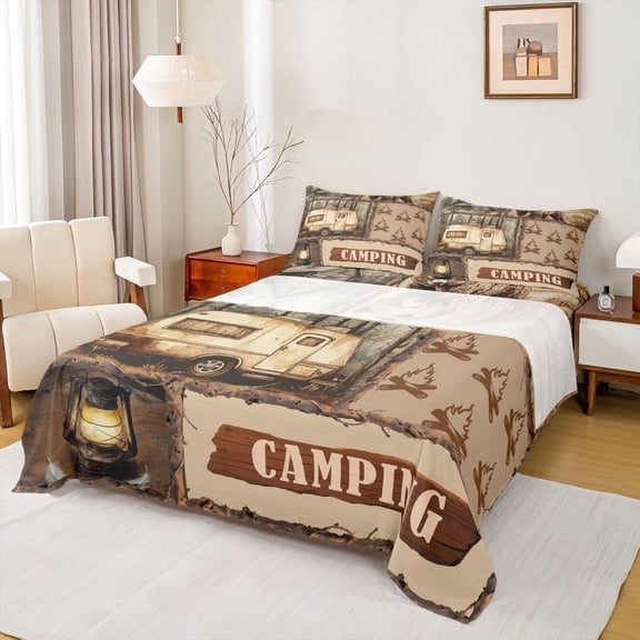 Castle Fairy Teens RV Car Twin Sheet Sets 3pcs,Happy Camping Adventure Twin Fitted Sheet Microfiber,Lodge Cabin Breathable Flat Sheet,Ultra Soft Home Decor