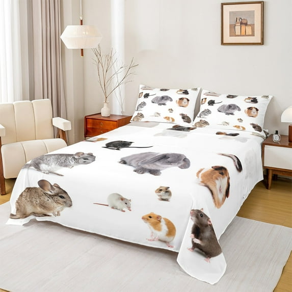 Castle Fairy Teens Rabbit Guinea Pig 4-Piece Full Size Sheets,Kawaii Totoro Bed Sheets,Cute Animal Lightweight Sheet Sets,Breathable Home Decor