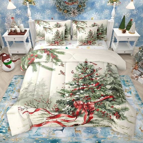 Castle Fairy 7-Piece Teens Red Bow Xmas Tree Full Bedding Set