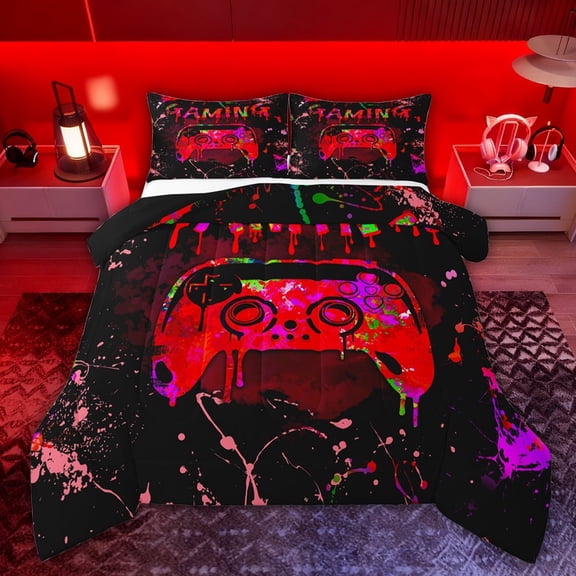 Castle Fairy Teens Red Gamepads Full Size Comforter Sets,Abstract Graffiti Bedding Sets