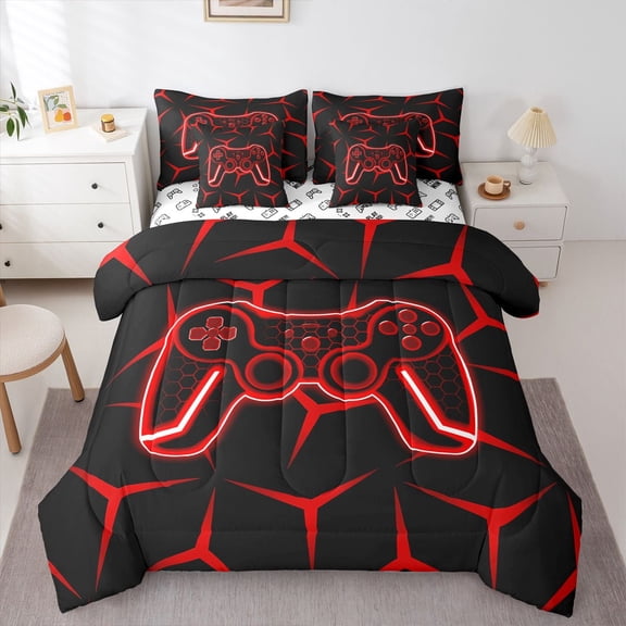 Castle Fairy Teens Red Hexagon Gamepads Bedding Comforter Set,Video Game Full Bedding Set