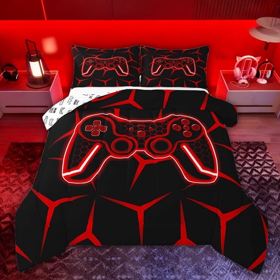 Castle Fairy Teens Red Hexagon Gamepads Full Size Comforter Sets,Video Game Bedding Sets