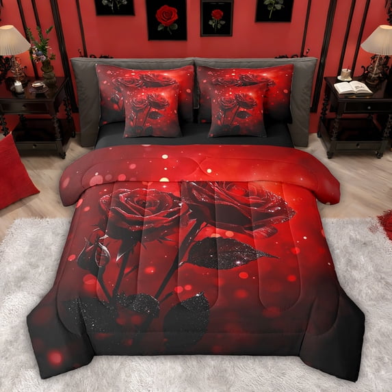 Castle Fairy Teens Red Rose Bedding Comforter Set,Romantic Flower Queen Bedding Sets