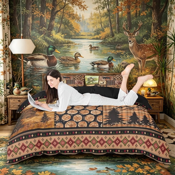 Castle Fairy Teens Rustic Patchwork Wildlife Duvet Cover King,Duck Deer Bear Plaid Log Cabin King Bedding,Brown Tan Red,Black Reversible,3 Pieces,No Comforter,1 Duvet Cover and 2 Pillowcases