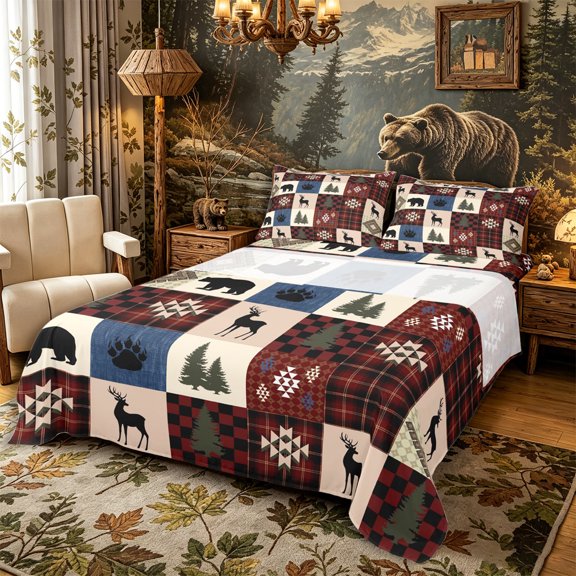 Castle Fairy Teens Rustic Red Plaid Patchwork Wildlife Bed Sheets 4-Piece,Deer Bear Pine Paw Tribal Full Size Sheets,Red Cream Navy,1 Fitted Sheet, 1 Flat Sheet and 2 Pillowcases