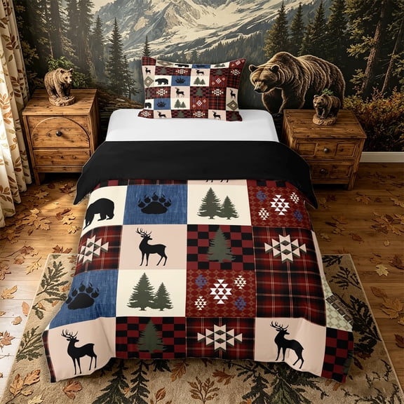 Castle Fairy Teens Rustic Red Plaid Patchwork Wildlife Twin Duvet Cover,Deer Bear Pine Paw Tribal Twin Bedding,Red Cream Navy,Black Reversible,2pcs,No Comforter,1 Duvet Cover and 1 Pillowcase