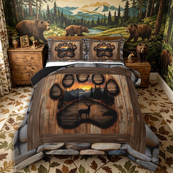 Castle Fairy Teens Rustic Wood Paw Cutout Deer Full Size Comforter Sets 3-Piece,Sunset Pine Mountain Backdrop Bedding Comforter Set,Brown Tan Black,Black Reversible,1 Comforter and 2 Pillowcases