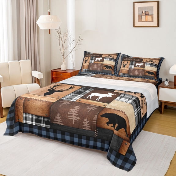 Castle Fairy Teens Safari Deer Bear Bed Sheets,Geometric Plaid King Sheets