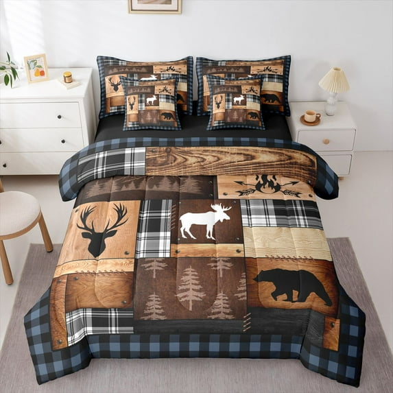 Castle Fairy Teens Safari Deer Bear Twin Bedding Sets,Plaid Bedding Comforter Set