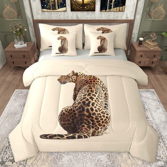 Castle Fairy Teens Safari Leopard Bedding Comforter Set 7-Piece,Jungle Animal King Bedding Sets,Woodland Wildlife Ultra Soft Bed Sheets,Lightweight Room Decor,Reversible