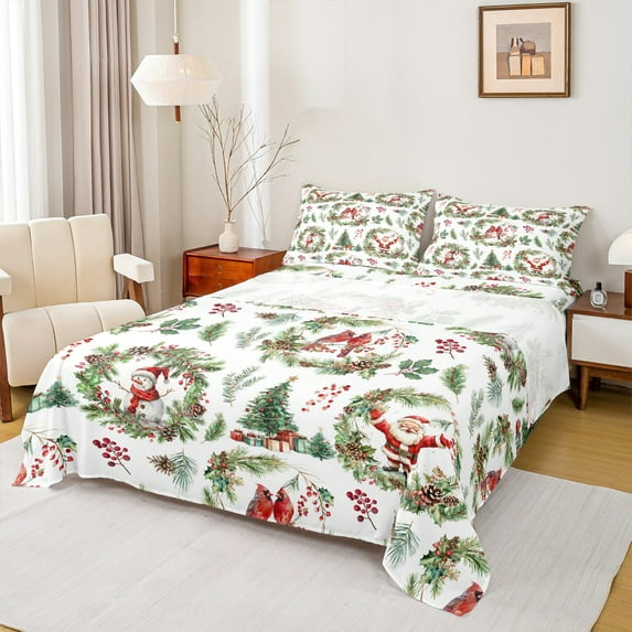 Castle Fairy Teens Santa Claus 3pcs Twin Sheet Sets,Cardinal Bird Twin Fitted Sheet,Merry Christmas Breathable Flat Sheet,Ultra Soft Home Decor