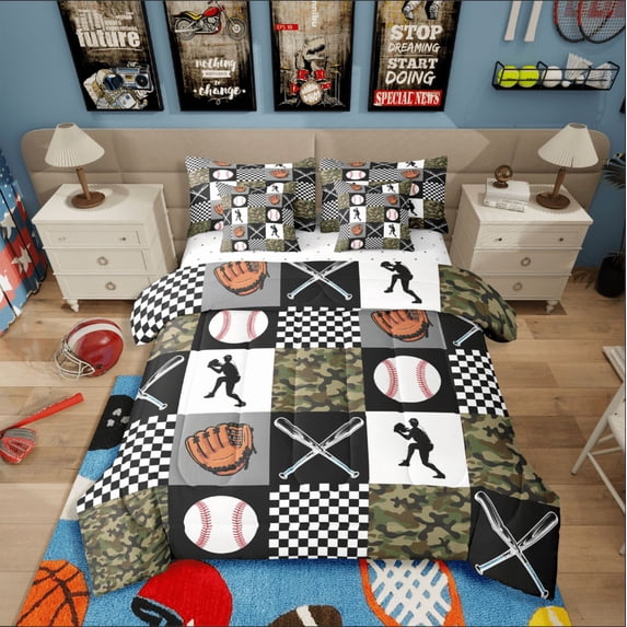 Castle Fairy Teens Sport Baseball 7 Piece Bedding Comforter Set, Geometric Plaid Full Bedding, Abstract Camouflage Sheet Set