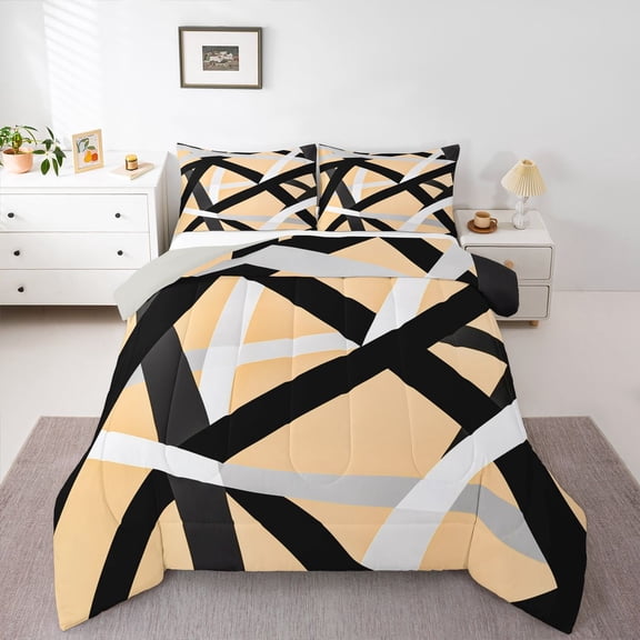 Castle Fairy Teens Stripes Twin Comforter Sets,Mid Century Geometric Lines Bedding Set