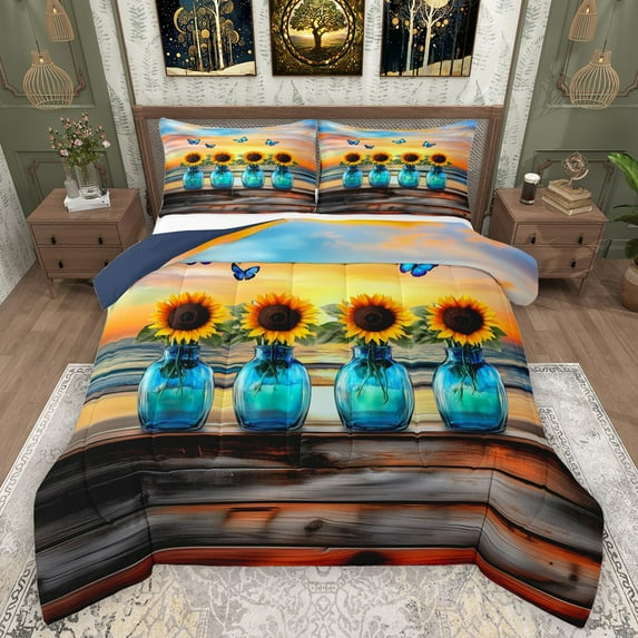 Castle Fairy Teens Sunflower Butterflies Full Size Comforter Sets 3-Piece,Lodge Cabin Bedding Comforter Set,Botanical Plants Lightweight Bedding Sets,Microfiber Bedroom Decor,Reversible
