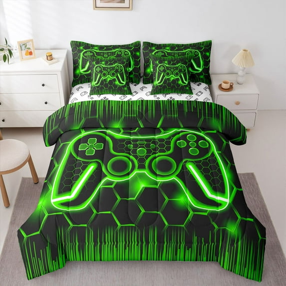 Castle Fairy Teens Video Game Bedding Comforter Set,Honeycomb Gamepads Queen Bedding Sets