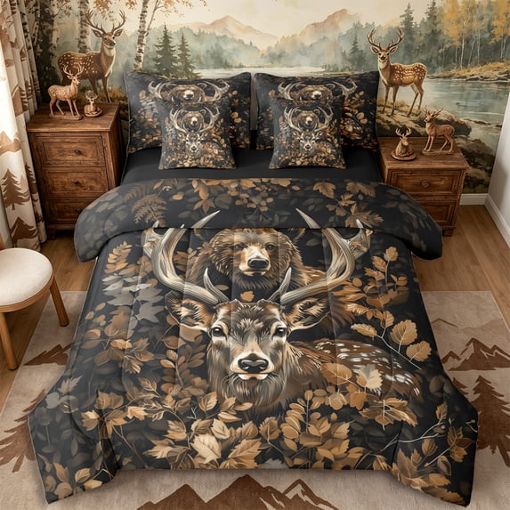 Castle Fairy Teens Vintage Autumn Bear Deer 7-Piece Twin Bedding,Autumn Tree Leaves Bedding Comforter Set,Brown Orange Black,Black Reversible