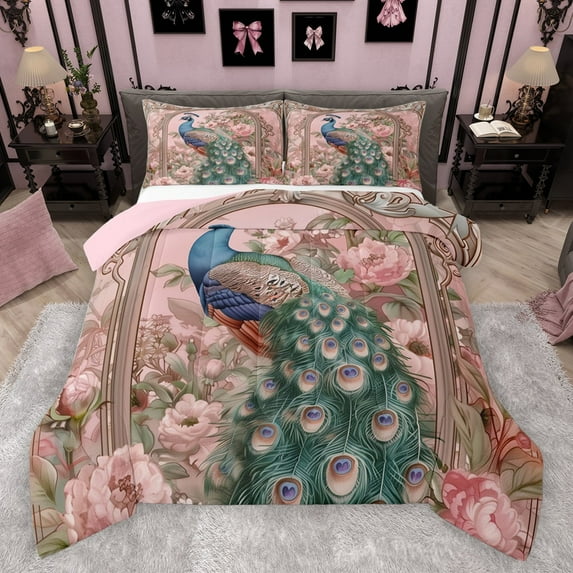 Castle Fairy Teens Vintage Flowers Animal Peacock 3 Pieces Queen Comforter Set,Chic Floral Pink Peony Ultra Soft Bedding Sets,Retro Exotic Luxury Aesthetic Bedding Comforter Set Breathable