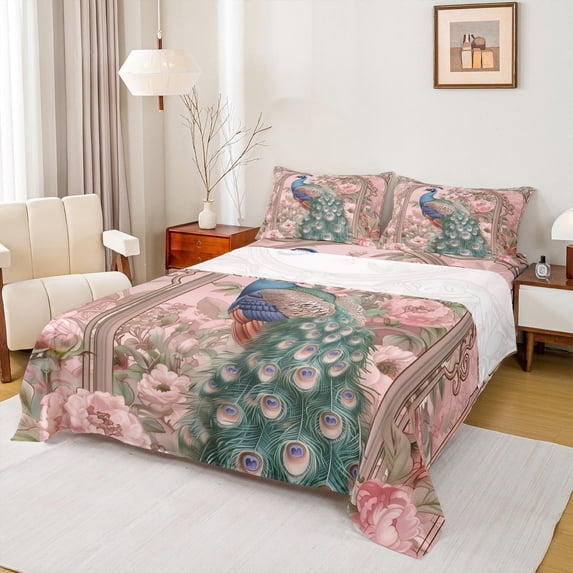 Castle Fairy Teens Vintage Flowers Animal Peacock Full Size Sheets 4-Piece,Chic Floral Pink Peony Breathable Bed Sheets,Retro Exotic Luxury Aesthetic Lightweight Sheet Sets,Super Cozy Room Decor