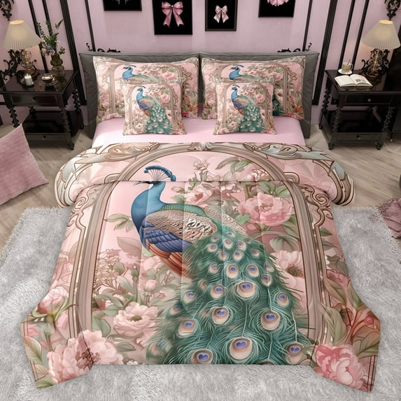 Castle Fairy Teens Vintage Flowers Animal Peacock Twin Bedding Sets 7-Piece,Chic Floral Pink Peony Bedding Comforter Set Microfiber,Retro Exotic Luxury Aesthetic Breathable Sheet Sets