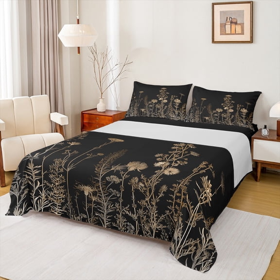 Castle Fairy Teens Vintage Flowers Leaves Bed Sheets,Black Brown King Sheets