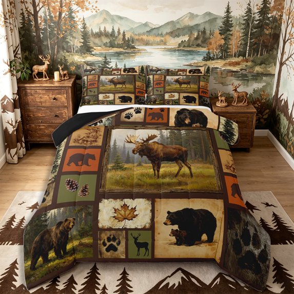 Castle Fairy Teens Vintage Patchwork Wildlife King Size Comforter Sets 3pcs,Cabin Pine Plaid Comforters King Size,Brown Orange Cream,Black Reversible,1 Comforter and 2 Pillowcases