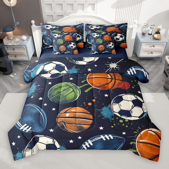 Castle Fairy Teens Volleyball Soccer Football 7-Piece Bedding Comforter Set,Sport Gamer King Bedding Sets,Graffiti Splash Ultra Soft Bed Sheets,Lightweight Room Decor