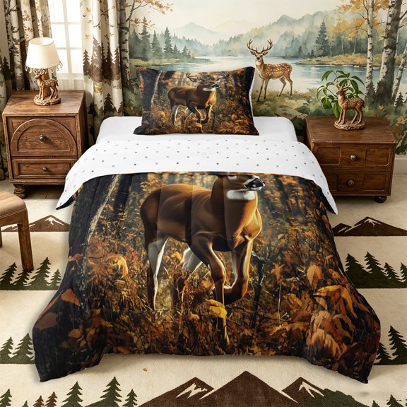 Castle Fairy Teens Walking Whitetail Deer Twin Comforter Sets 2pcs,Golden Autumn Forest Bedding Set,Brown Orange Green,Reversible,1 Comforter and 1 Pillowcase