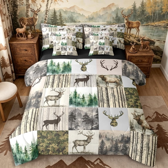 Castle Fairy Teens Watercolor Deer 7-Piece Twin Bedding,Vintaeg Camo Smooky Jungle Bedding Comforter Set,Green Brown Beige,Black Reversible
