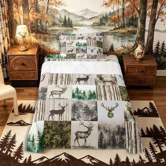 Castle Fairy Teens Watercolor Deer Twin Sheets 3pcs,Vintaeg Camo Smooky Jungle Bedding,Green Brown Beige,1 Fitted Sheet, 1 Flat Sheet and 1 Pillowcase