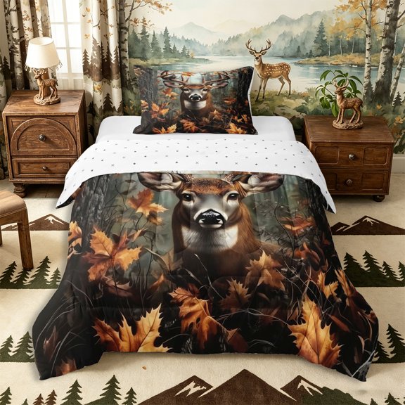 Castle Fairy Teens Whitetail Deer Twin Comforter Sets 2pcs,Misty Autumn Forest Bird Bedding Set,Brown Orange Gray,Reversible,1 Comforter and 1 Pillowcase