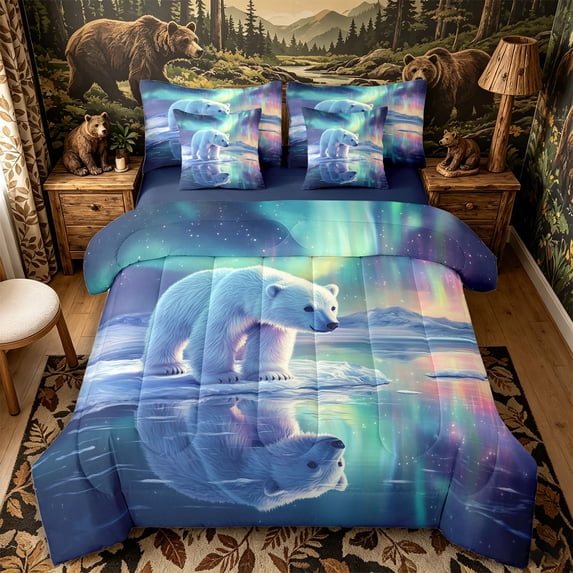Castle Fairy Teens Wildlife Aurora Polar Bear Queen Bedding 7pcs,Icy Lake Snow Mountain Bedding Comforter Set Queen,Mint Lavender White,Navy Blue Reversible