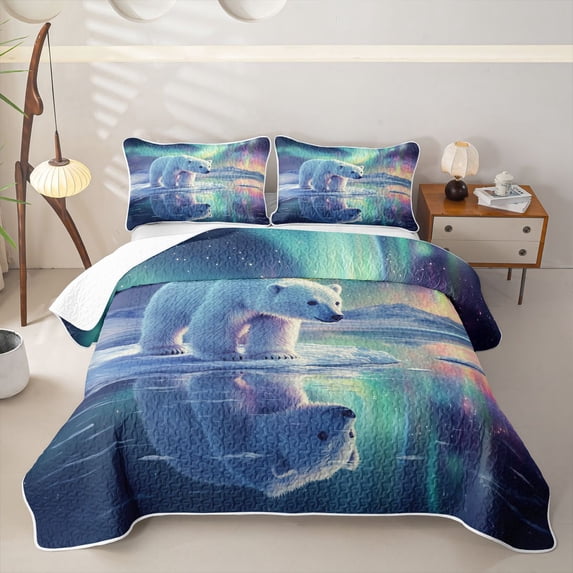 Castle Fairy Teens Wildlife Aurora Polar Bear Quilt King,Icy Lake Snow Mountain King Coverlet Set,Mint Lavender White