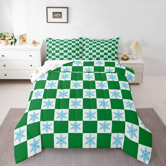 Castle Fairy Teens Winter Snowflakes 3 Pieces Queen Comforter Set,Geometric Plaid Ultra Soft Bedding Sets,Merry Christmas Bedding Comforter Set,Super Cozy Room Decor