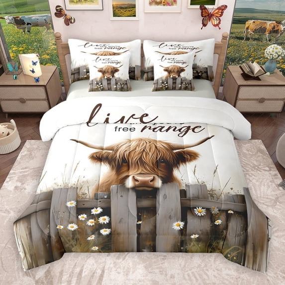 Castle Fairy Teens Women Men Brown Highland Bull 7-Piece Twin Bedding Sets,Rustic Farmhouse Cabin Bedding Comforter Set,Retro Vintage Breathable Sheet Sets,Luxury Bedroom Decor