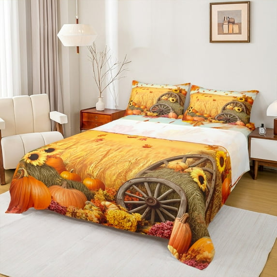 Castle Fairy Teens Women Men Sunflower Pumpkin 4-Piece Full Size Sheets,Autumn Harvest Pumpkin Bed Sheets,Botanical Plants Lightweight Sheet Sets,Lightweight Room Decor