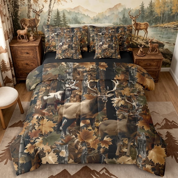 Castle Fairy Teens Woodland Deer 7-Piece Twin Bedding,Autumn Maple Leaf Branches Bedding Comforter Set,Brown Tan Cream,Black Reversible