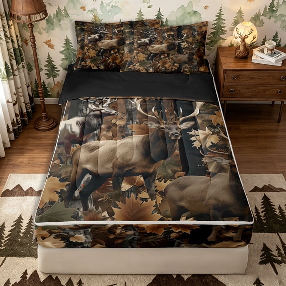Castle Fairy Teens Woodland Deer Zipper Queen Comforter Set with Fitted Sheet and 2 Pillowcases,Autumn Maple Leaf Branches Zipper Bedding Set,Brown Tan Cream,Black Reversible,4 Pieces