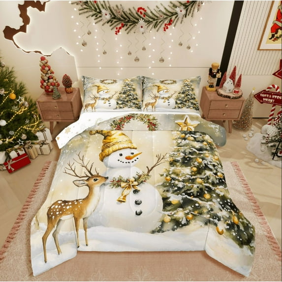 Castle Fairy Teens Xmas Snowman 2pcs Bedding Comforter Set,Animal Deer Twin Comforter Sets,Christmas Tree Breathable Bedding Set,Microfiber Bedroom Decor