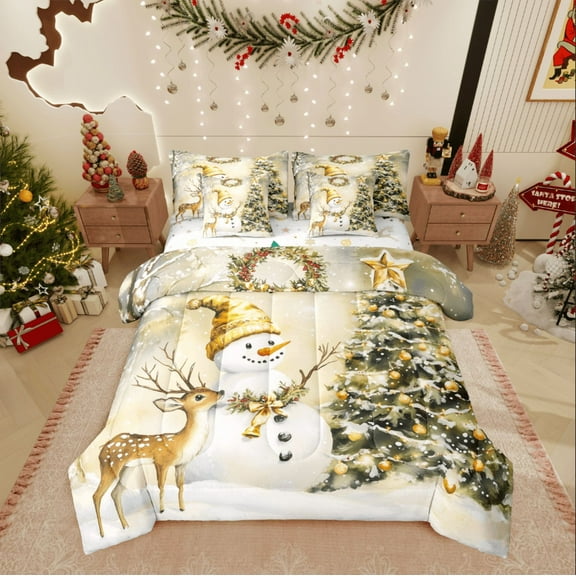 Castle Fairy Teens Xmas Snowman 7-Piece Twin Bedding Sets,Animal Deer Bedding Comforter Set,Christmas Tree Breathable Sheet Sets,Microfiber Bedroom Decor