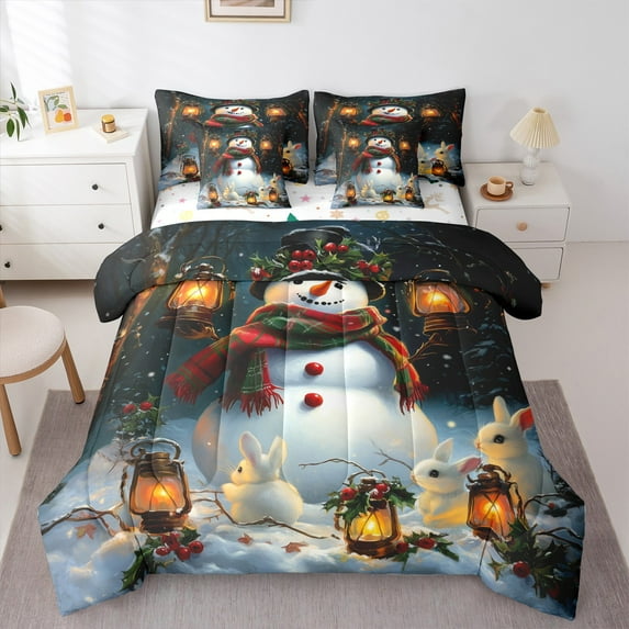 Castle Fairy Teens Xmas Snowman 7pcs Bedding Comforter Set,Kawaii Rabbit Queen Bedding Sets Super Cozy,Happy New Year Queen Sheet Sets,Microfiber Bedroom Decor