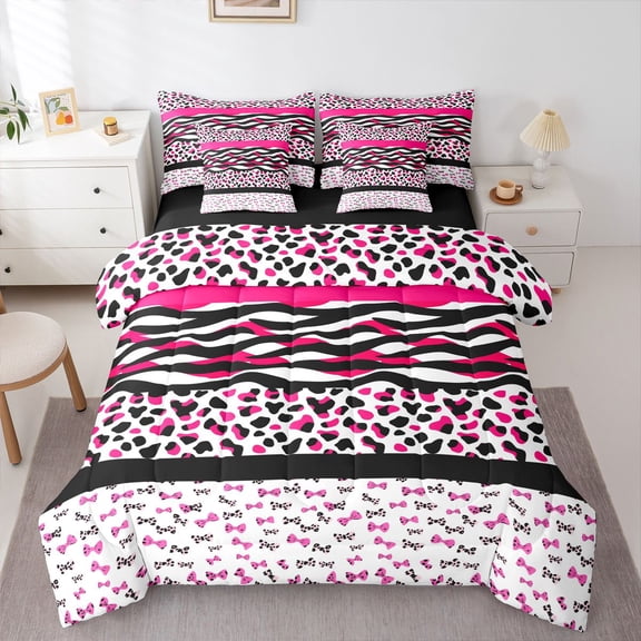 Castle Fairy Teens Zebra Leopard Print Twin Bedding Sets,Kawaii Bow Bedding Comforter Set