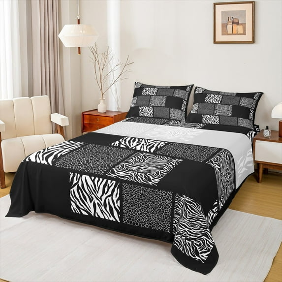 Castle Fairy Teens Zebra Print 4 Pieces Queen Sheet Sets,Geometric Plaid Ultra Soft Flat Sheet,Lattice Patchwork Queen Fitted Sheet,Microfiber Bedroom Decor