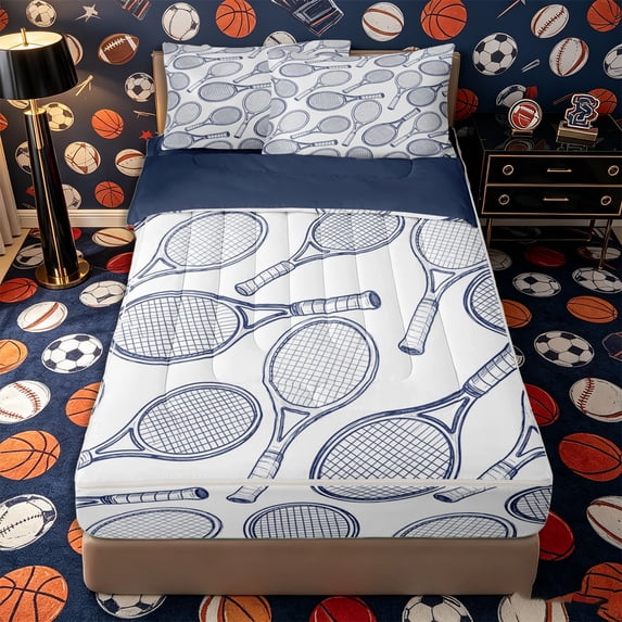 Castle Fairy Tennis Print Zipper Twin Comforter Sets with Fitted Sheet and 2 Pillowcases, Sport Theme Zipper Bedding Set, White Navy,4-Piece,Navy Blue Reversible
