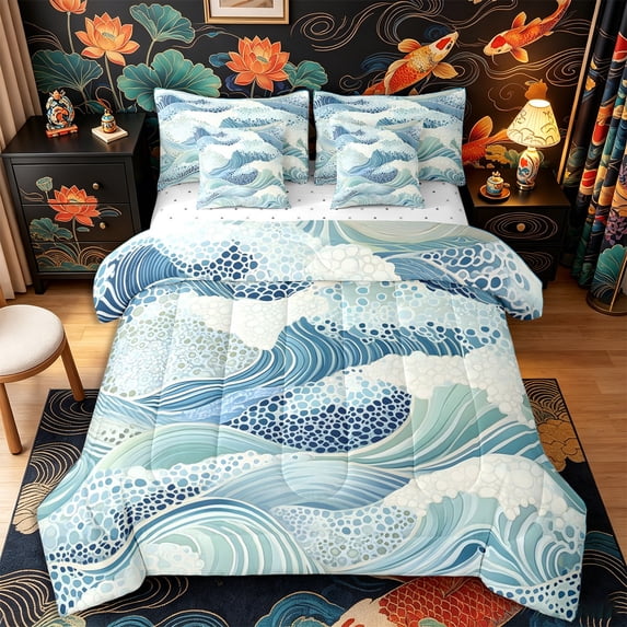Castle Fairy Textured Bubble Wave Full Size Bedding Sets 7 Pieces,Abstract Curly Ocean Repeat Full Size Bed in a Bag,Sage Navy,Reversible